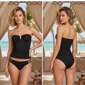 Land's End Tankini Shirred V Neck chlorine resist metal keyhole design Black M